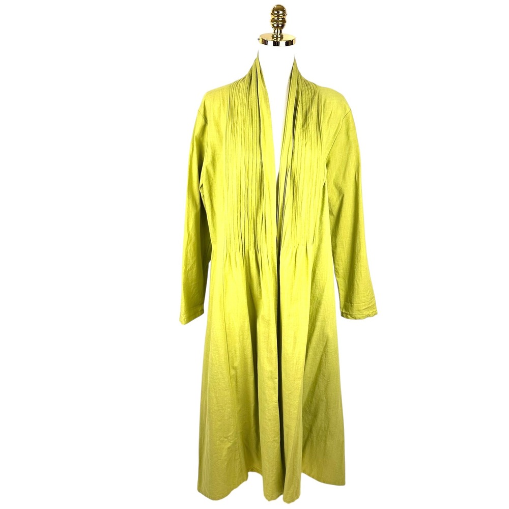 VTG O nelee Lagenlook Chartreuse Green Linen Pleated Art to Wear Duster Coat XL